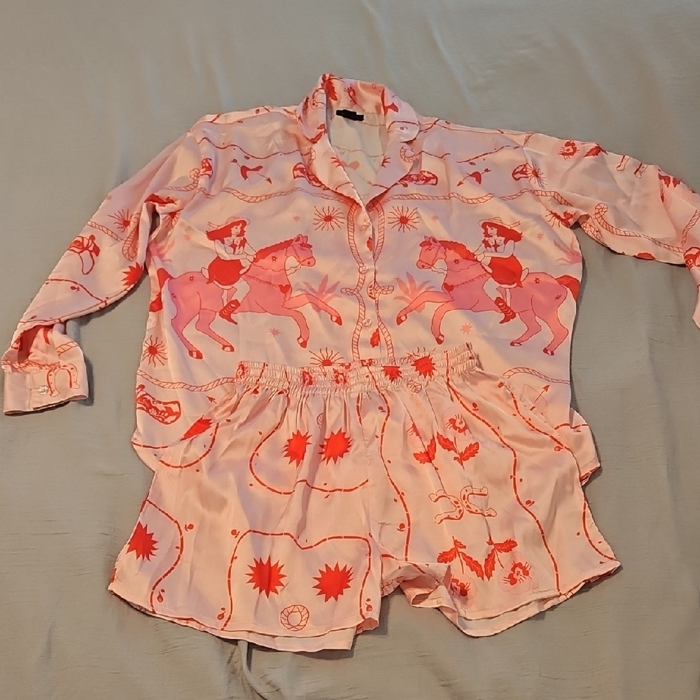 Nasty Gal Pink and Red Western Patterned Pajama Short "Silky" Set